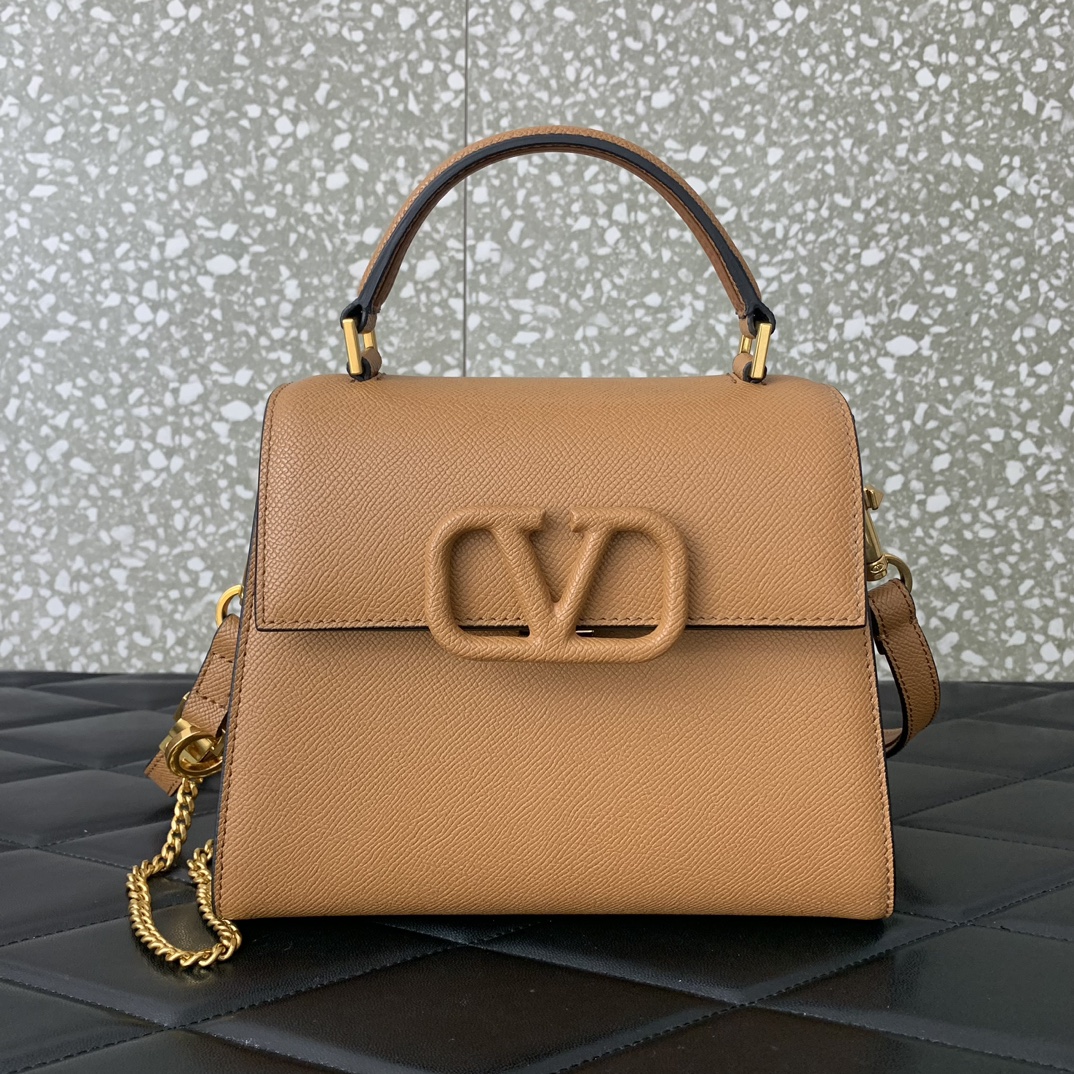 Valentino Garavani Vsling Small Handbag in Brown Grainy Calfskin 